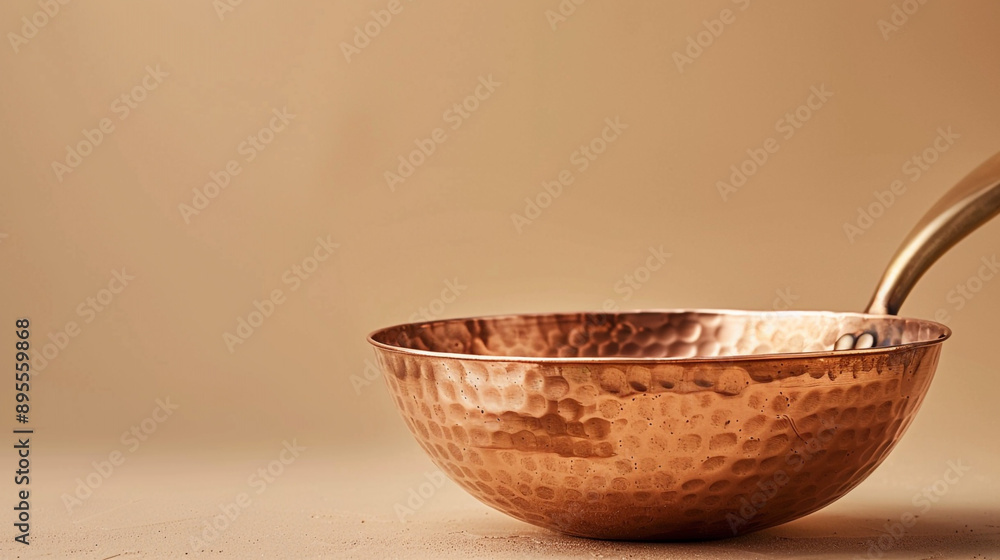 Poster A copper ladle with a hammered finish isolated on a beige background with ample copy space.