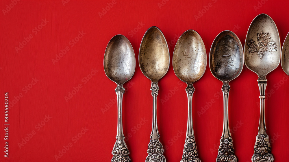 Poster a set of antique silver spoons with intricate engravings isolated on a cherry red background with am