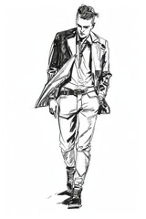 Obraz premium Modern High Fashion Sketches on White Paper Showcasing Male Stylish and Contemporary Designer Clothing