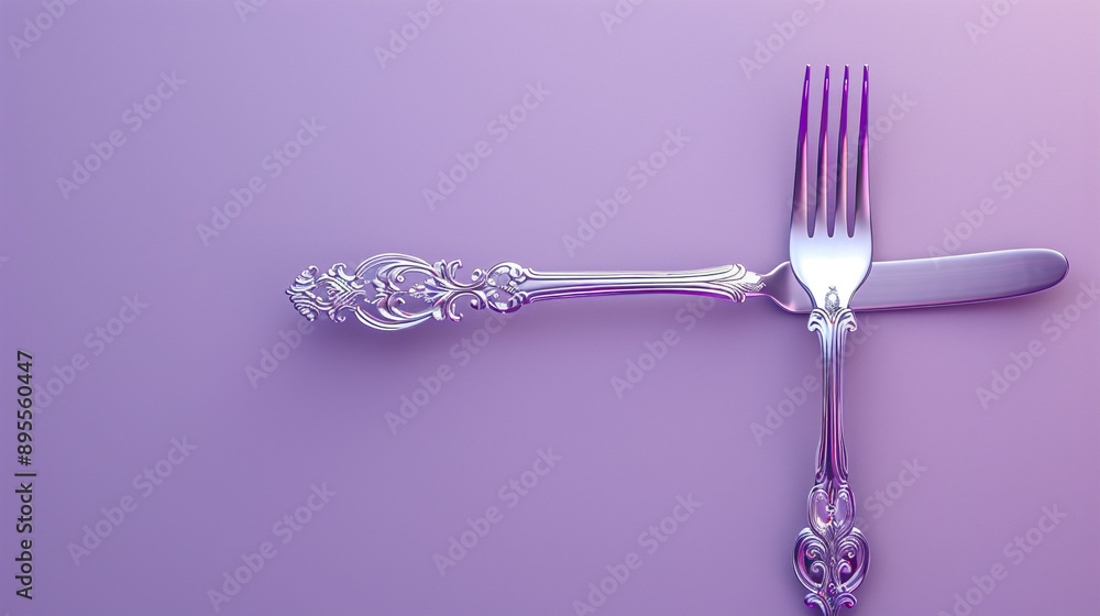 Poster a vintage silver fork with ornate patterns isolated on a soft lavender background with ample copy sp