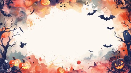 A captivating Halloween watercolor frame for children, adorned with a border of cute and spooky elements like happy jack-o'-lanterns, friendly bats, and playful monsters. The watercolor technique