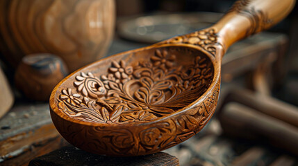 Close-up of a decorative wooden ladle with a carved design.