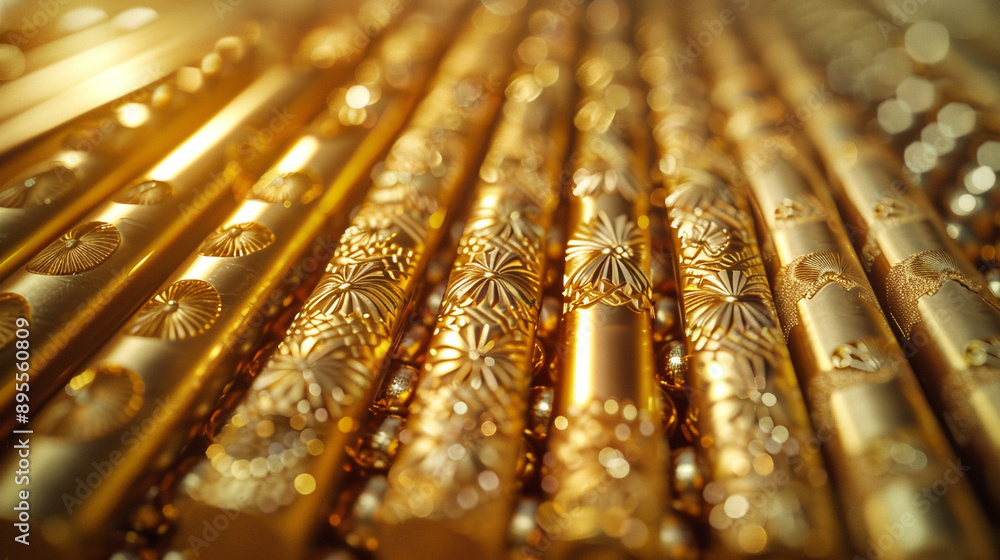 Poster close-up of a set of gold chopsticks with intricate patterns.