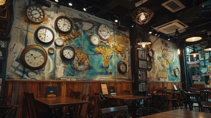 A travel-themed cafe with clocks showing different times around the world as part of the decor.