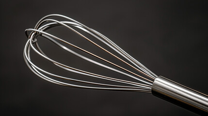 Close-up of a stainless steel whisk with a polished handle.