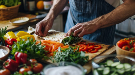 A man preparing a healthy wrap in a kitchen