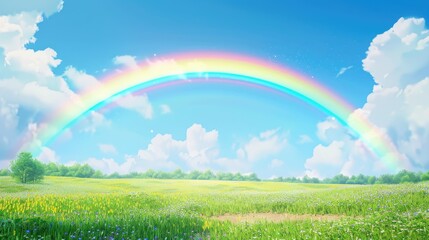 Naklejka premium A vibrant rainbow spanning across a clear blue sky, with lush green fields below.