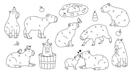 Cute cartoon kawaii capybara. Animal funny characters. Hand drawn style. 