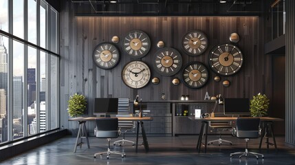 A wall of clocks showing different time zones from major cities around the world in a sleek, modern office setting.