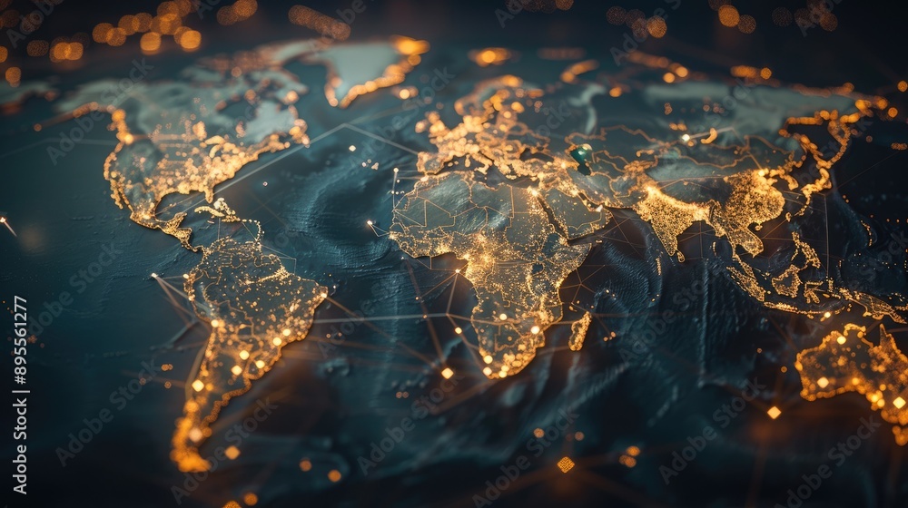 Poster a world map with connecting lines representing global commerce.