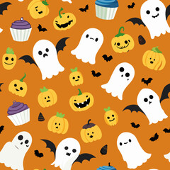 Fototapeta premium Ghost-Shaped Cookies and Cupcakes Seamless Pattern. Perfect for: Halloween, festive parties, spooky events