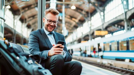 Obraz premium Smiling young businessman with luggage and smart phone sitting at station.