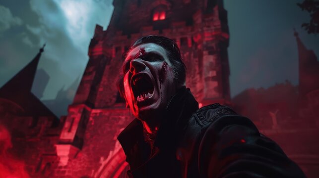 A vampire in front of a gloomy, red-lit castle, expressing anger or hunger. Dramatic, eerie ambiance for horror themes. - Powered by Adobe