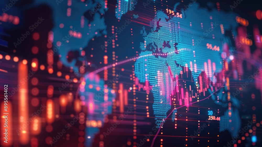 Poster abstract world map with financial data and charts.