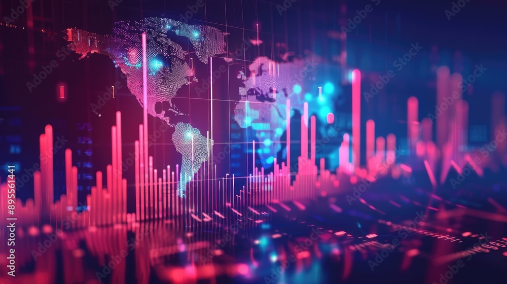 Poster abstract world map with financial data and charts.