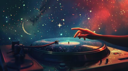 Hand Reaching for Vinyl on Starry Turntable