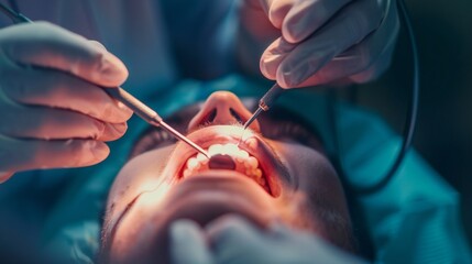 view of a dentist polishing a patient's teeth with precision.