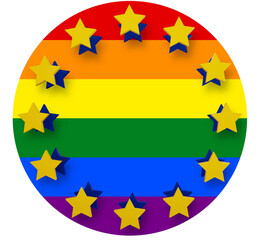 Rainbow flag LGBTQ+ and stars symbol creative abstract 3d-illustration, isolated, yellow and blue colors as the flag of the European Union, EU, Europe
