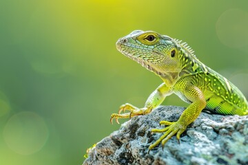 Fototapeta premium A vibrant image of a European green lizard basking on a sunny rock.