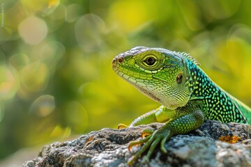 Obraz premium A vibrant image of a European green lizard basking on a sunny rock.