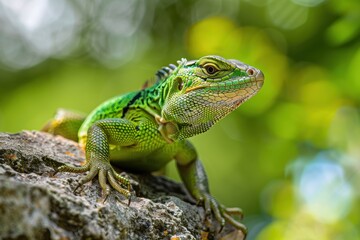 Obraz premium A vibrant image of a European green lizard basking on a sunny rock.