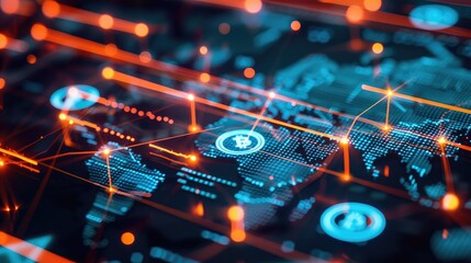Digital currency icons over a global network map.