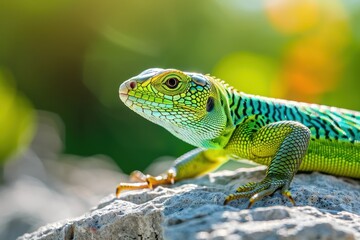 Fototapeta premium A vibrant image of a European green lizard basking on a sunny rock.