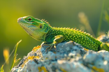 Fototapeta premium A vibrant image of a European green lizard basking on a sunny rock.
