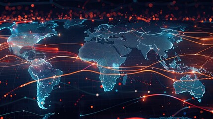 Financial data streams flowing across a world map.