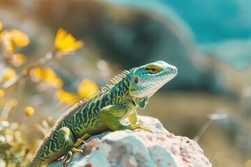Obraz premium A vibrant image of a European green lizard basking on a sunny rock.