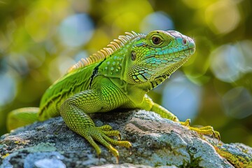 Fototapeta premium A vibrant image of a European green lizard basking on a sunny rock.