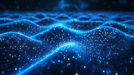 Exploring the Depths of Digital Innovation: A Mesmerizing Visual of Glowing Particles and Data Flow in a Futuristic Blue Environment