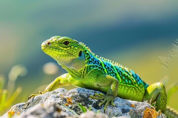 Fototapeta premium A vibrant image of a European green lizard basking on a sunny rock.
