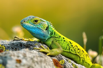Fototapeta premium A vibrant image of a European green lizard basking on a sunny rock.