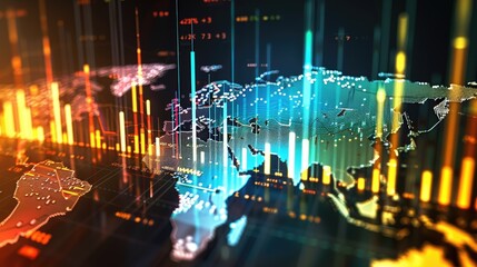 Obraz premium Global financial market represented by bar charts and map.