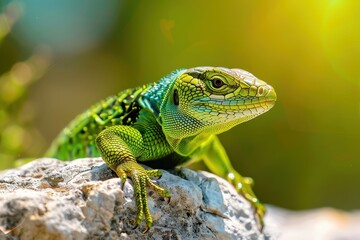 Fototapeta premium A vibrant image of a European green lizard basking on a sunny rock.