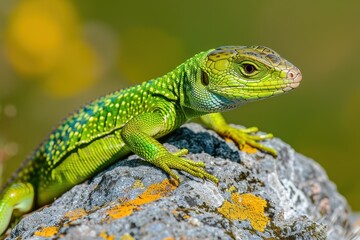 Fototapeta premium A vibrant image of a European green lizard basking on a sunny rock.