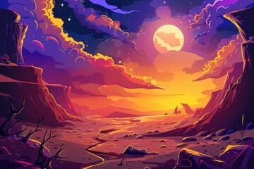 Desert landscape with a full moon and vibrant sky
