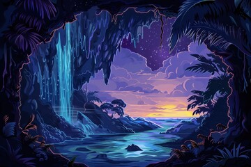 Fototapeta premium Bioluminescent Grotto with Tropical Lagoon and Sunset