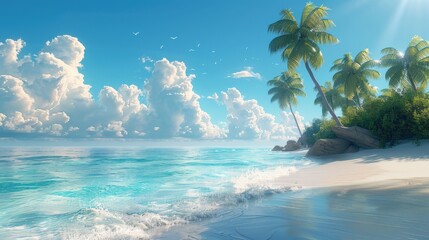 Tropical Paradise Beach with Palm Trees, Clear Blue Water, and White Sand Under a Sunny Sky with Fluffy Clouds