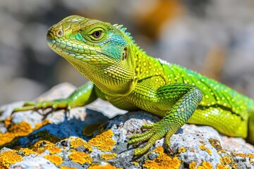Obraz premium A vibrant image of a European green lizard basking on a sunny rock.