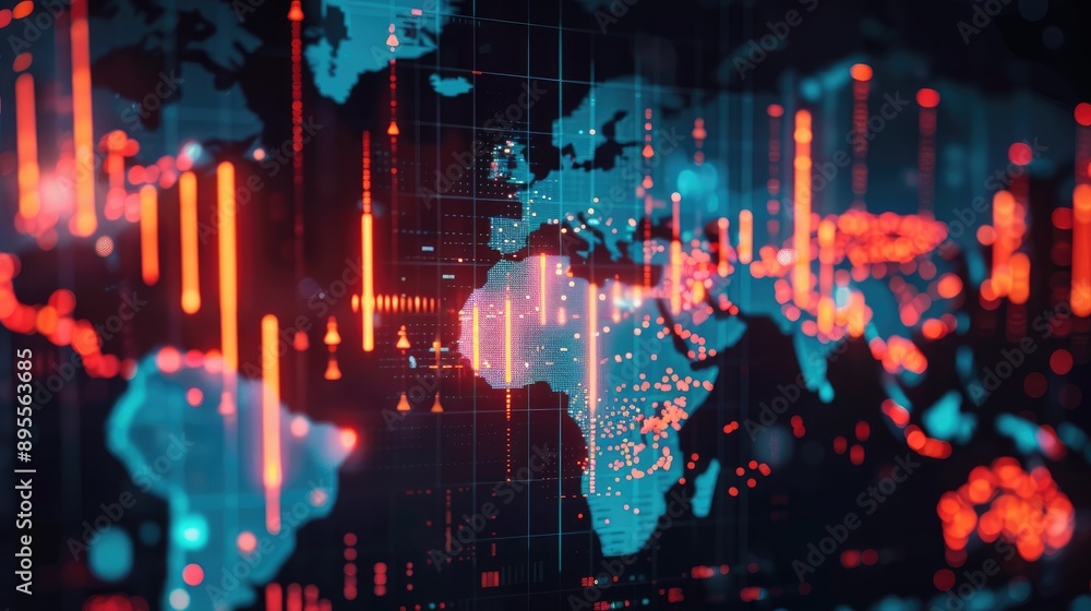 Poster representation of global economic activity with graphs and world map.