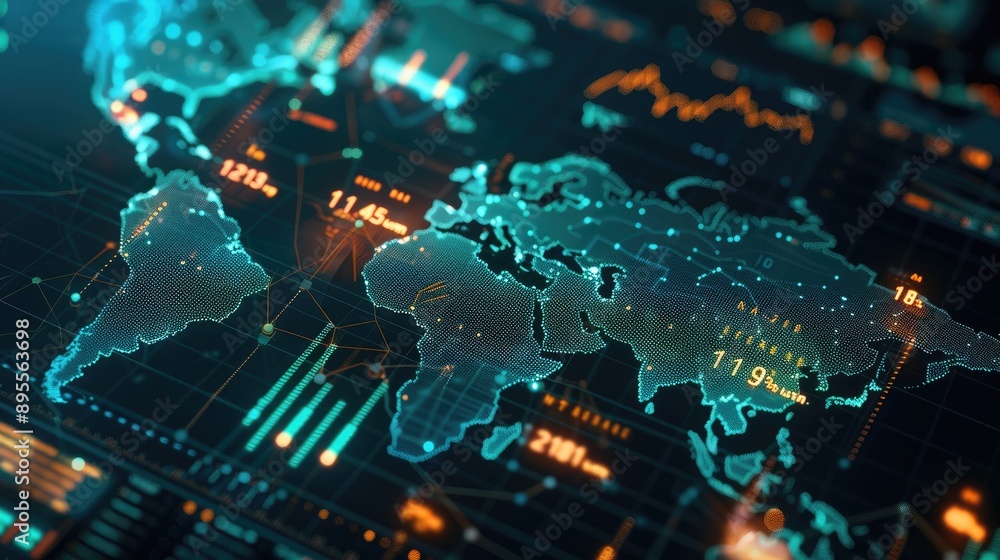Poster representation of global economic activity with graphs and world map.