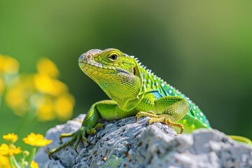 Fototapeta premium A vibrant image of a European green lizard basking on a sunny rock.