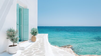 Obraz premium white greek house with blue doors and windows, stone path leading to the sea in front of it, Scandinavian style color