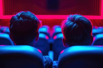 Queer cinema is celebrated with holographic film reels and characters in a futuristic theater in an ultramodern, supernatural scene banner with copy space