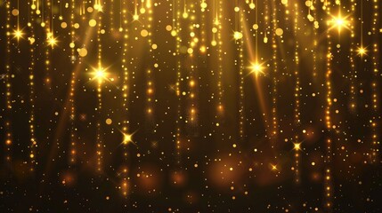 Abstract Glowing Gold Vertical Lighting Lines on Dark Background with Sparkle and Copy Space