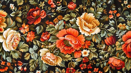 Traditional Russian Pavlovo Posad shawl fabric with floral designs.