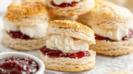 Scones split open, showcasing an ingredient burst of clotted cream and jam