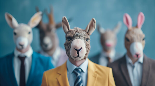 Creative business team wearing animal masks in office